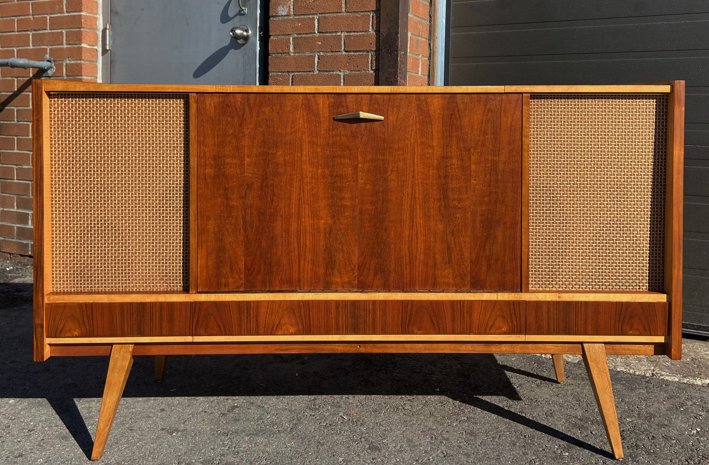 REFINISHED Mid Century Modern Walnut Radio Stereo Record Player Console 56"