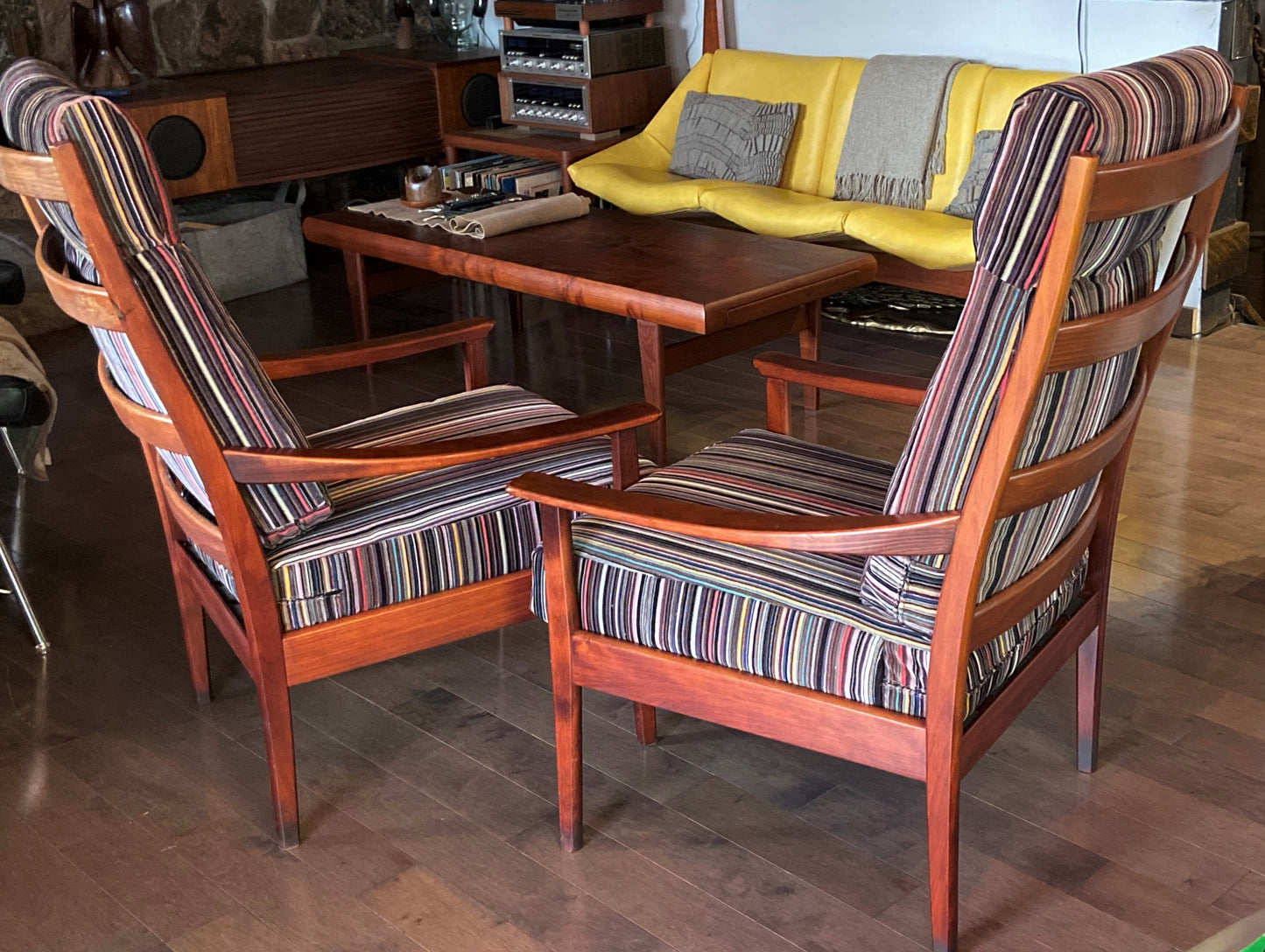 SALE***Set of 2 RESTORED REUPHOLSTERED MCM High Back Lounge Chairs by Casala in Maharam Paul Smith stripe