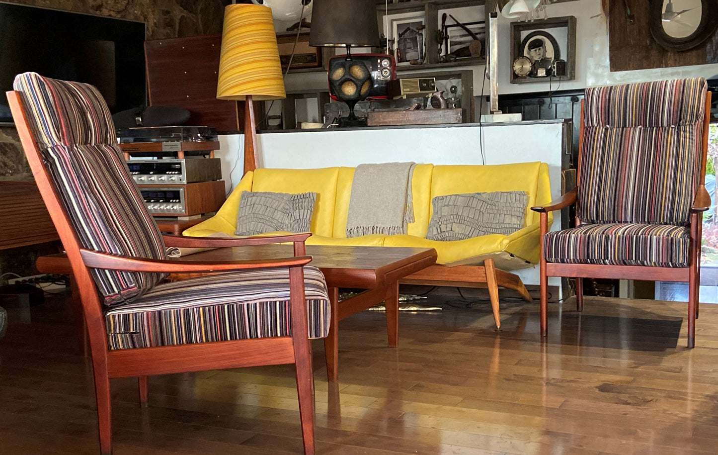 SALE***Set of 2 RESTORED REUPHOLSTERED MCM High Back Lounge Chairs by Casala in Maharam Paul Smith stripe