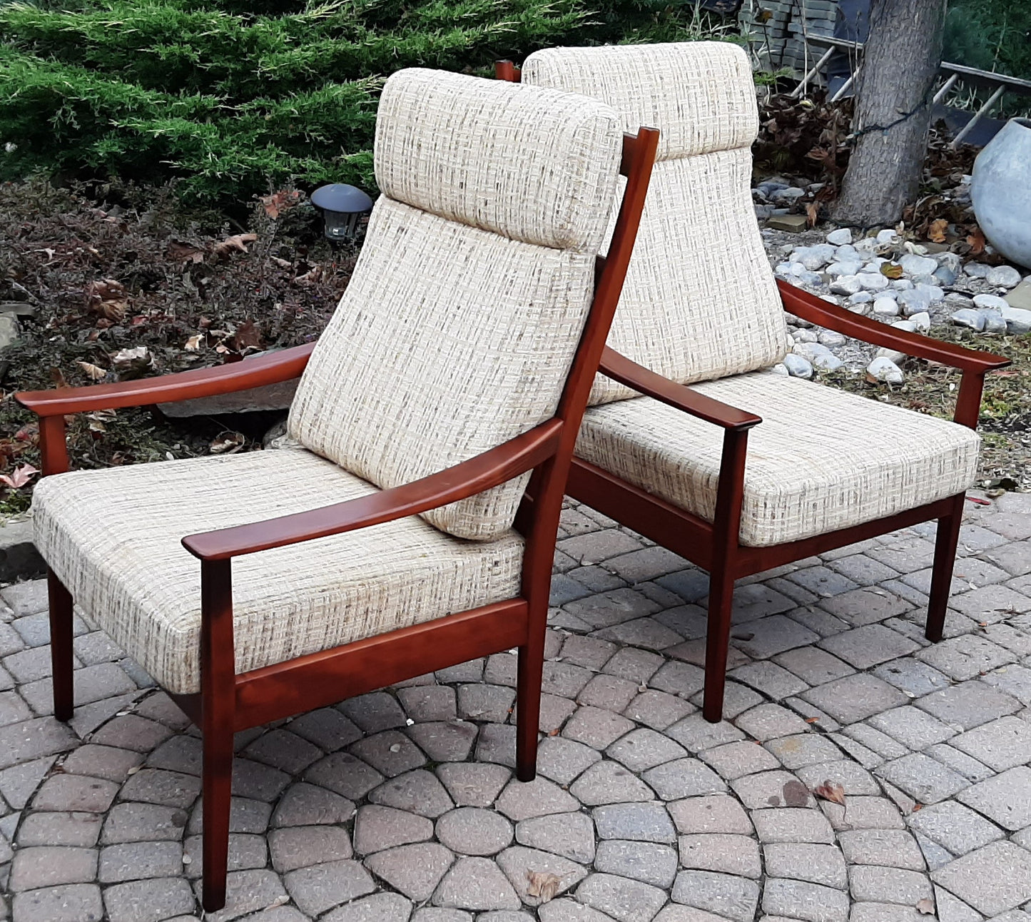 SALE***Set of 2 RESTORED REUPHOLSTERED MCM High Back Lounge Chairs by Casala in Maharam Paul Smith stripe