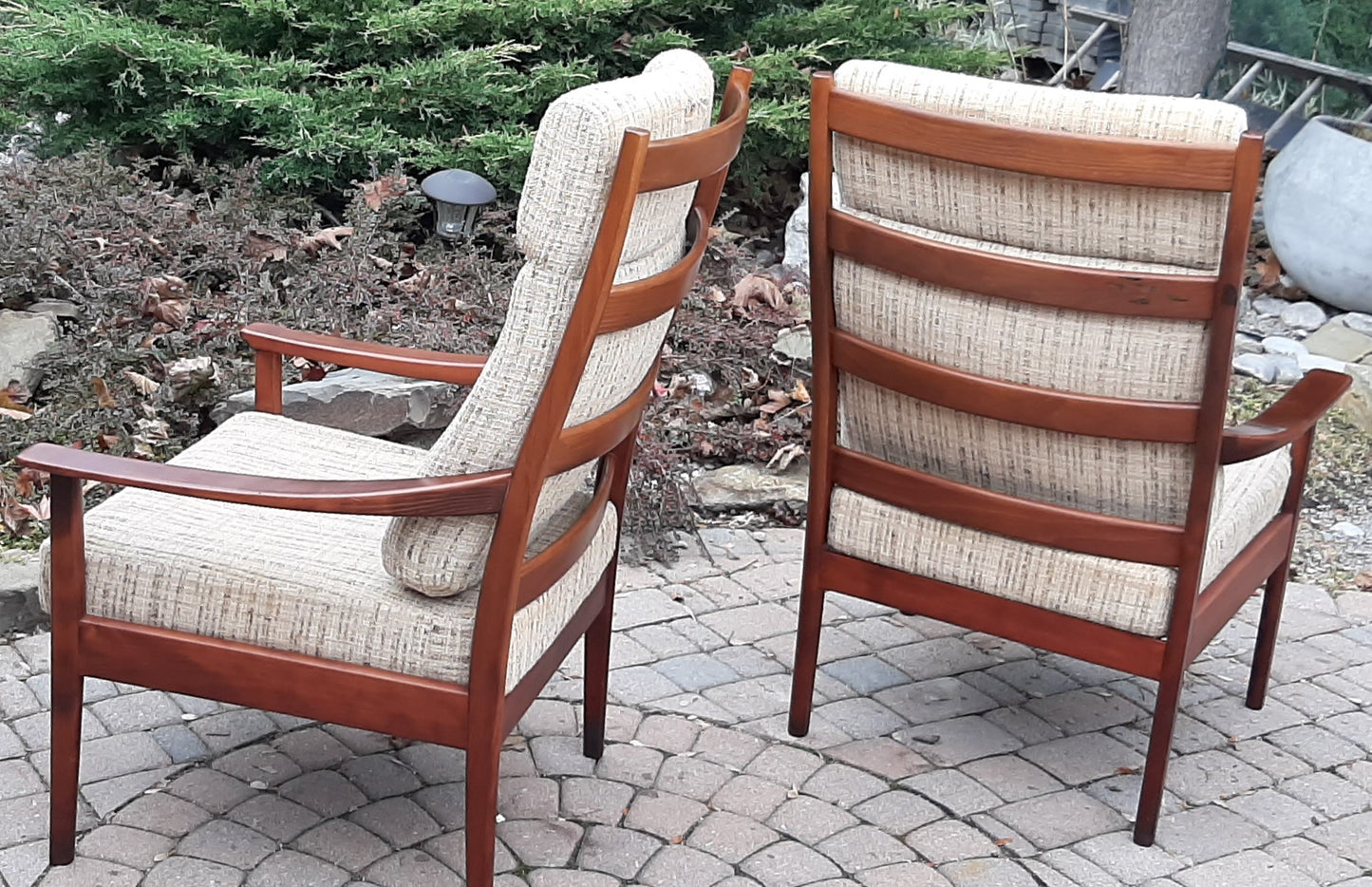 SALE***Set of 2 RESTORED REUPHOLSTERED MCM High Back Lounge Chairs by Casala in Maharam Paul Smith stripe