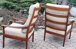 SALE***Set of 2 RESTORED REUPHOLSTERED MCM High Back Lounge Chairs by Casala in Maharam Paul Smith stripe 6