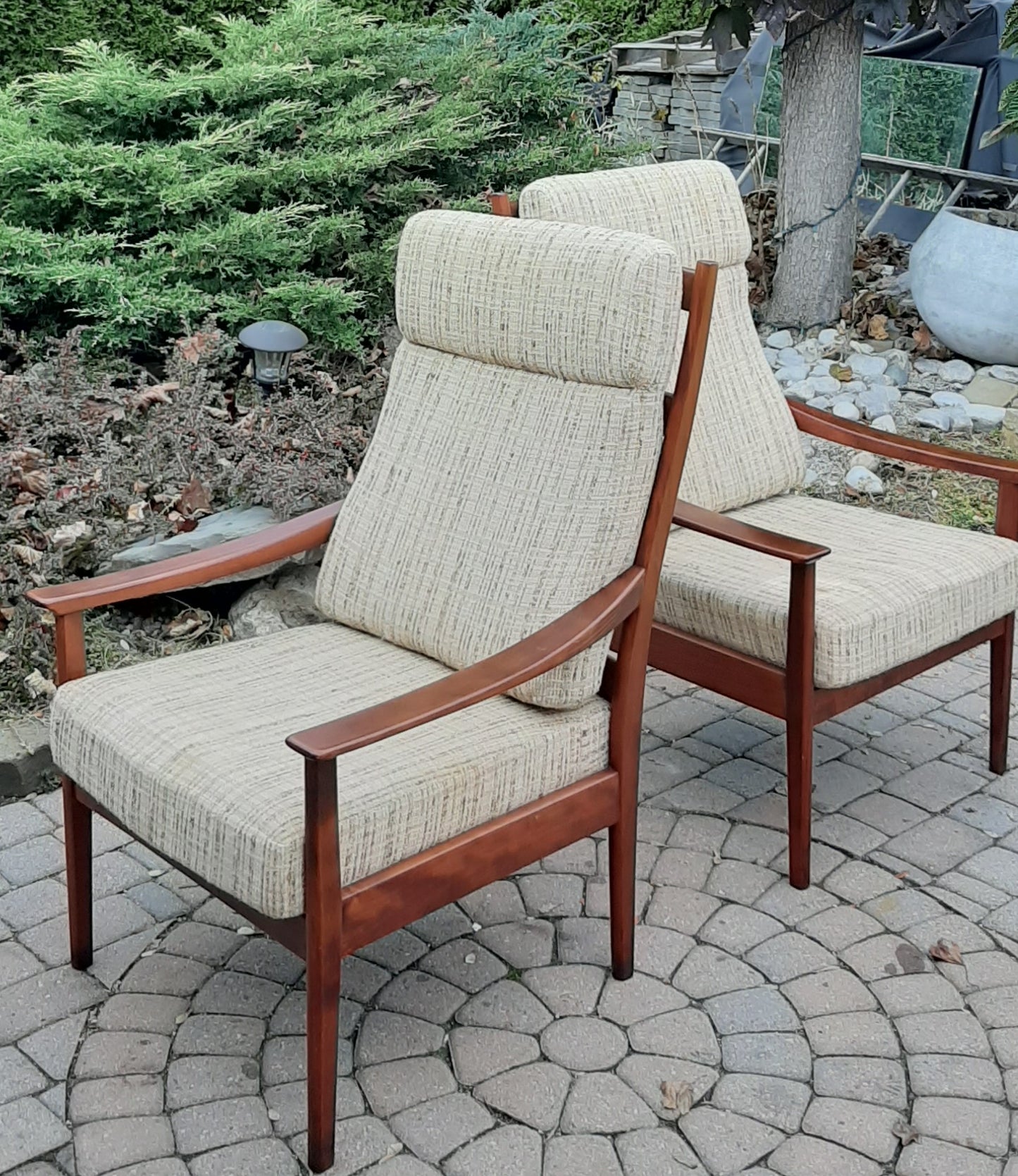 SALE***Set of 2 RESTORED REUPHOLSTERED MCM High Back Lounge Chairs by Casala in Maharam Paul Smith stripe