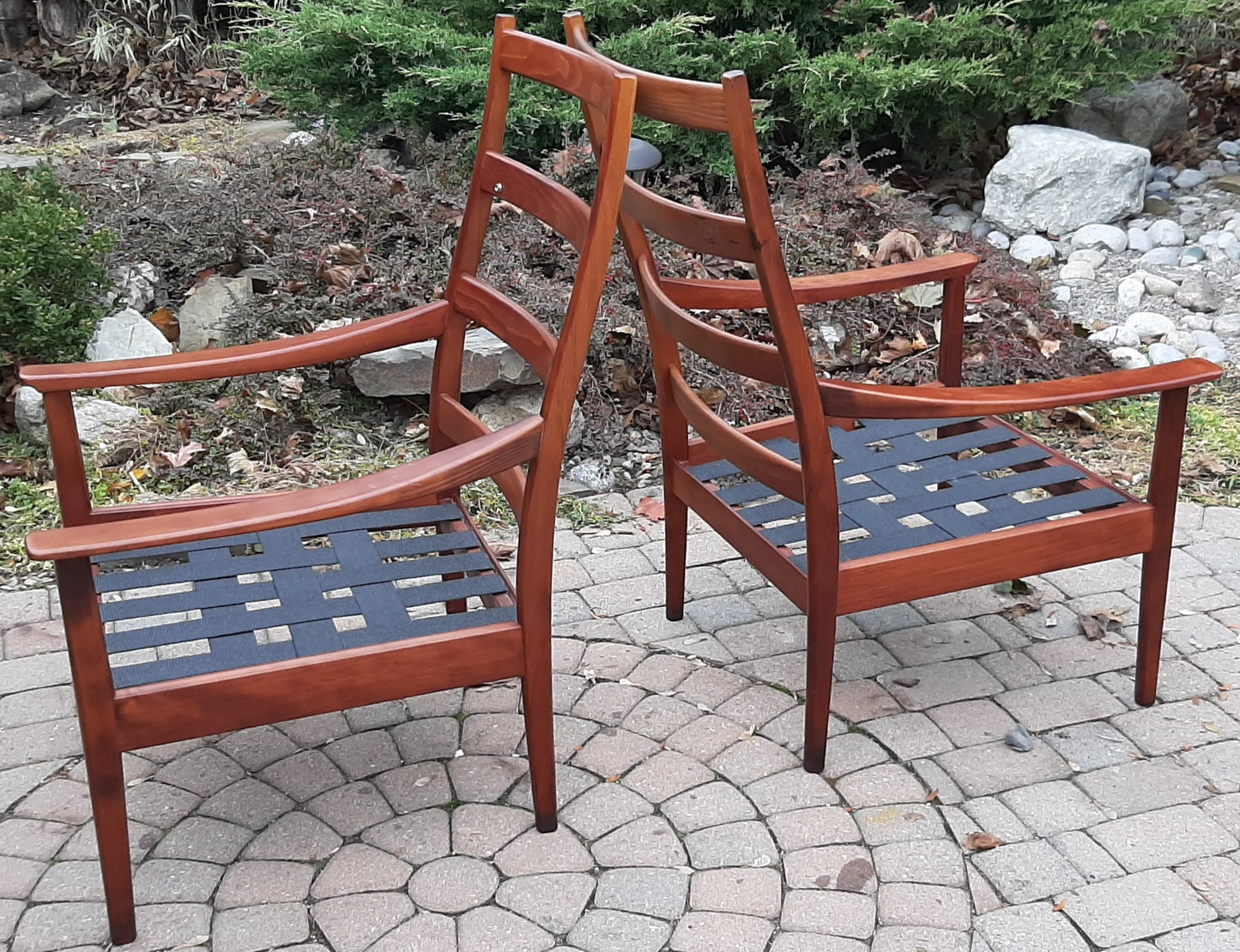 SALE***Set of 2 RESTORED REUPHOLSTERED MCM High Back Lounge Chairs by Casala in Maharam Paul Smith stripe