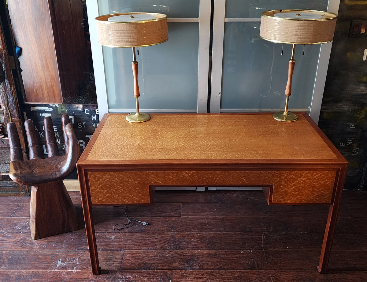 REFINISHED Mid Century Modern Burl & Teak Desk with Finished Back