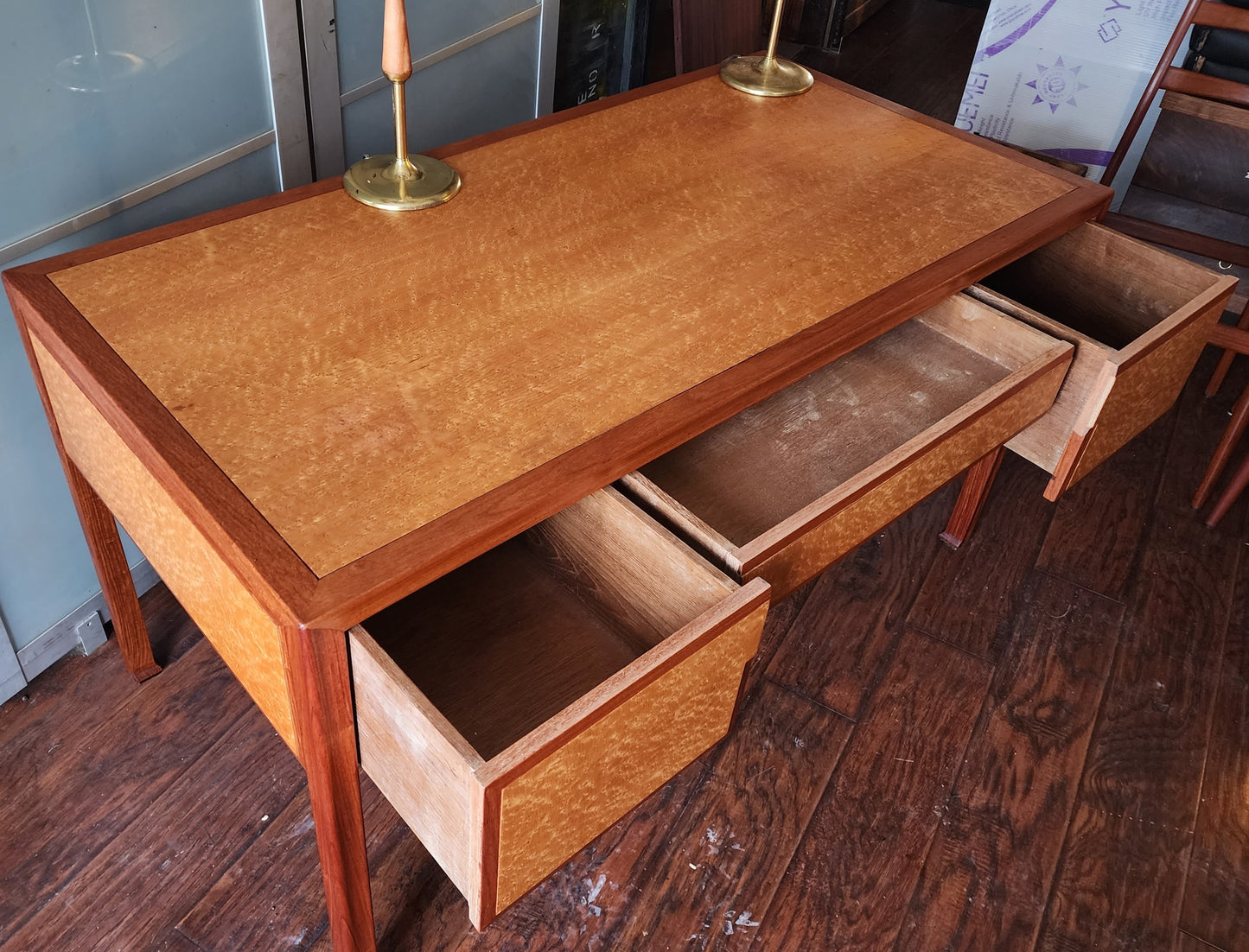 REFINISHED Mid Century Modern Burl & Teak Desk with Finished Back