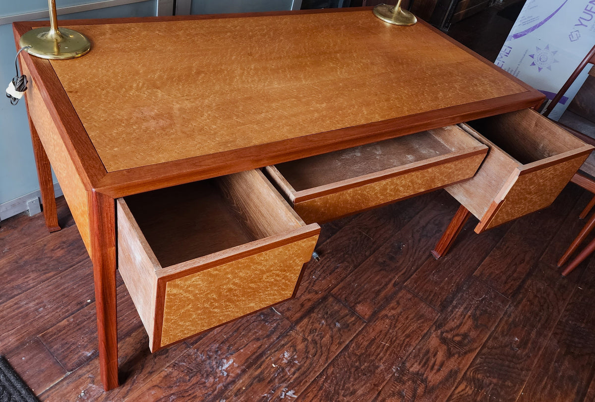 REFINISHED Mid Century Modern Burl & Teak Desk with Finished Back