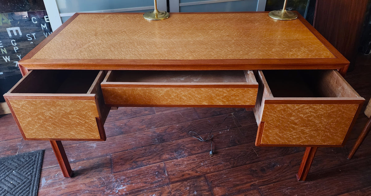 REFINISHED Mid Century Modern Burl & Teak Desk with Finished Back