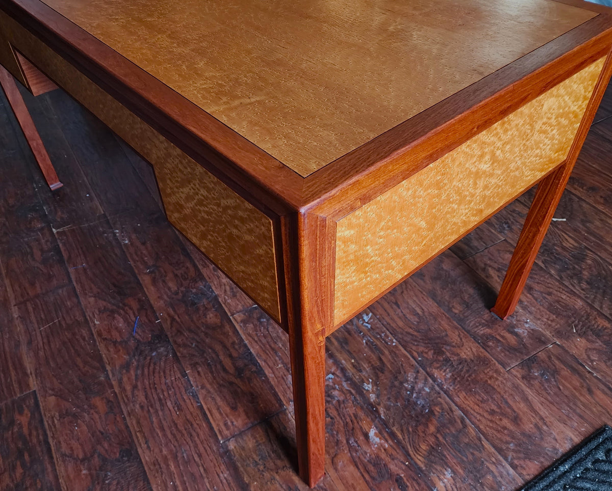 REFINISHED Mid Century Modern Burl & Teak Desk with Finished Back