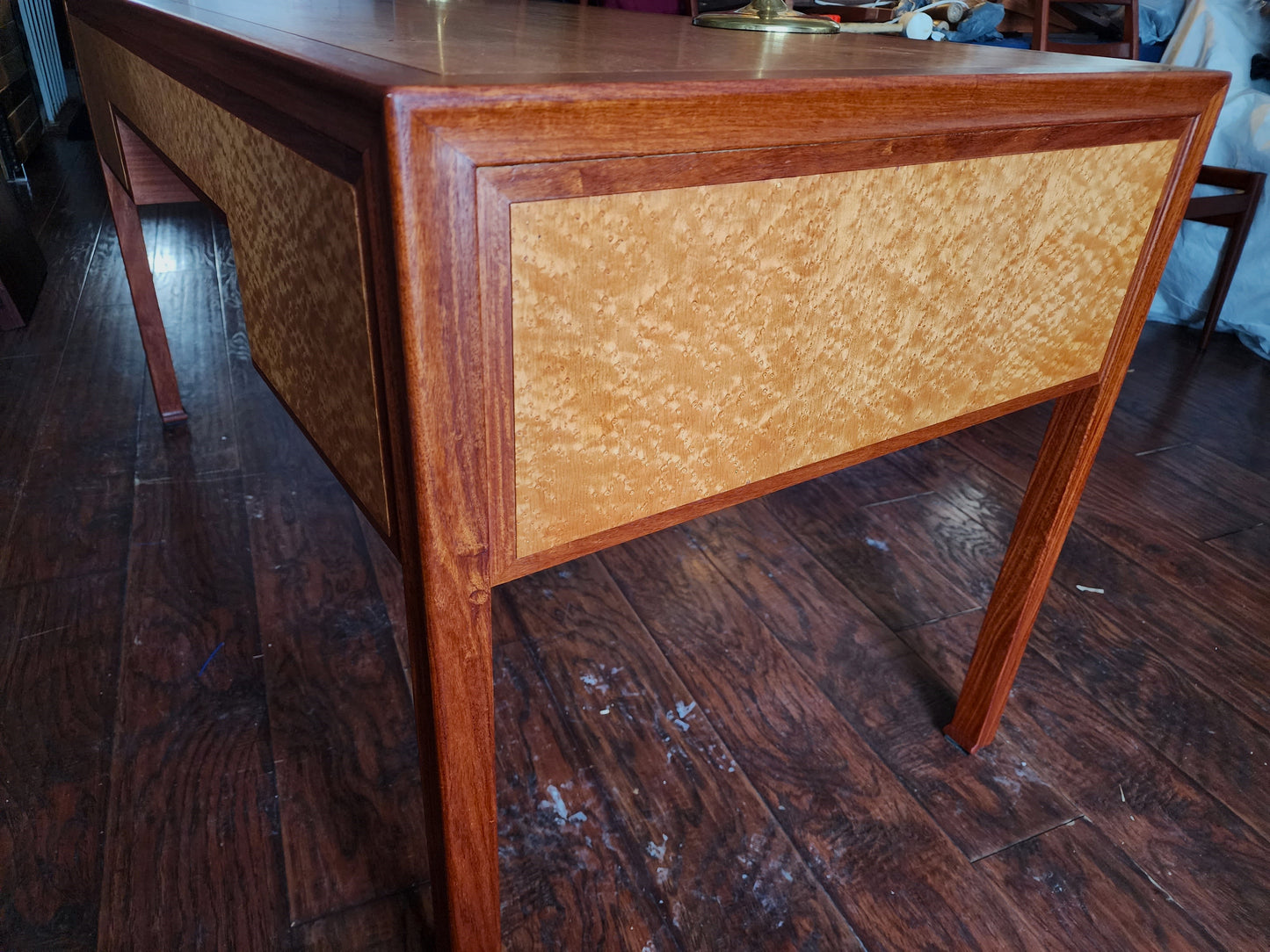REFINISHED Mid Century Modern Burl & Teak Desk with Finished Back