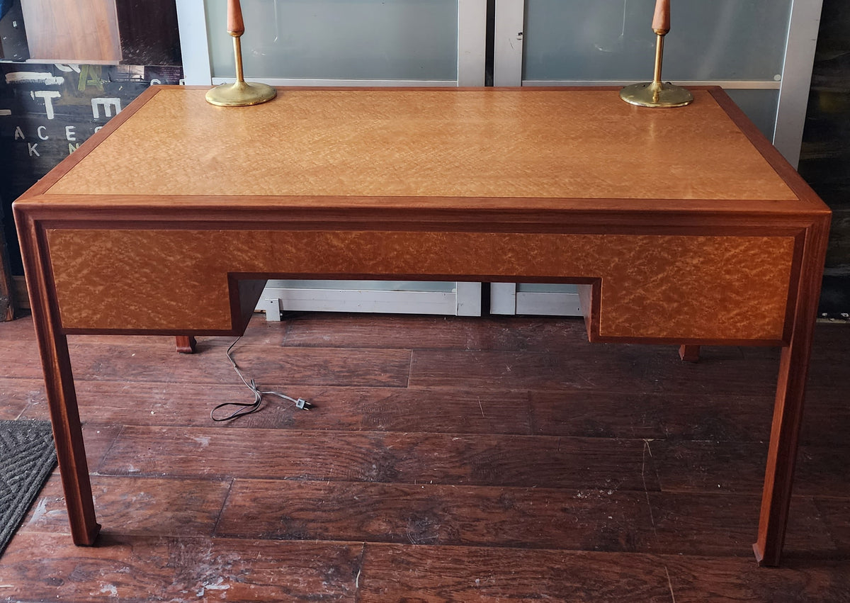 REFINISHED Mid Century Modern Burl & Teak Desk with Finished Back