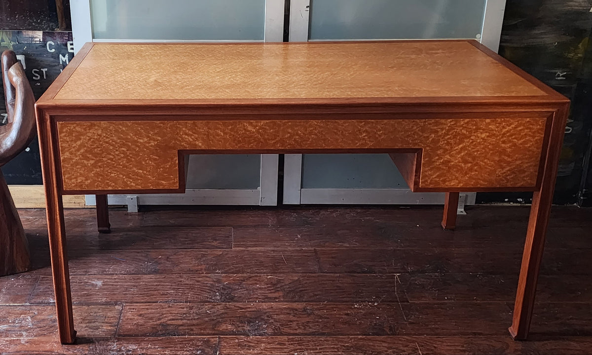 REFINISHED Mid Century Modern Burl & Teak Desk with Finished Back