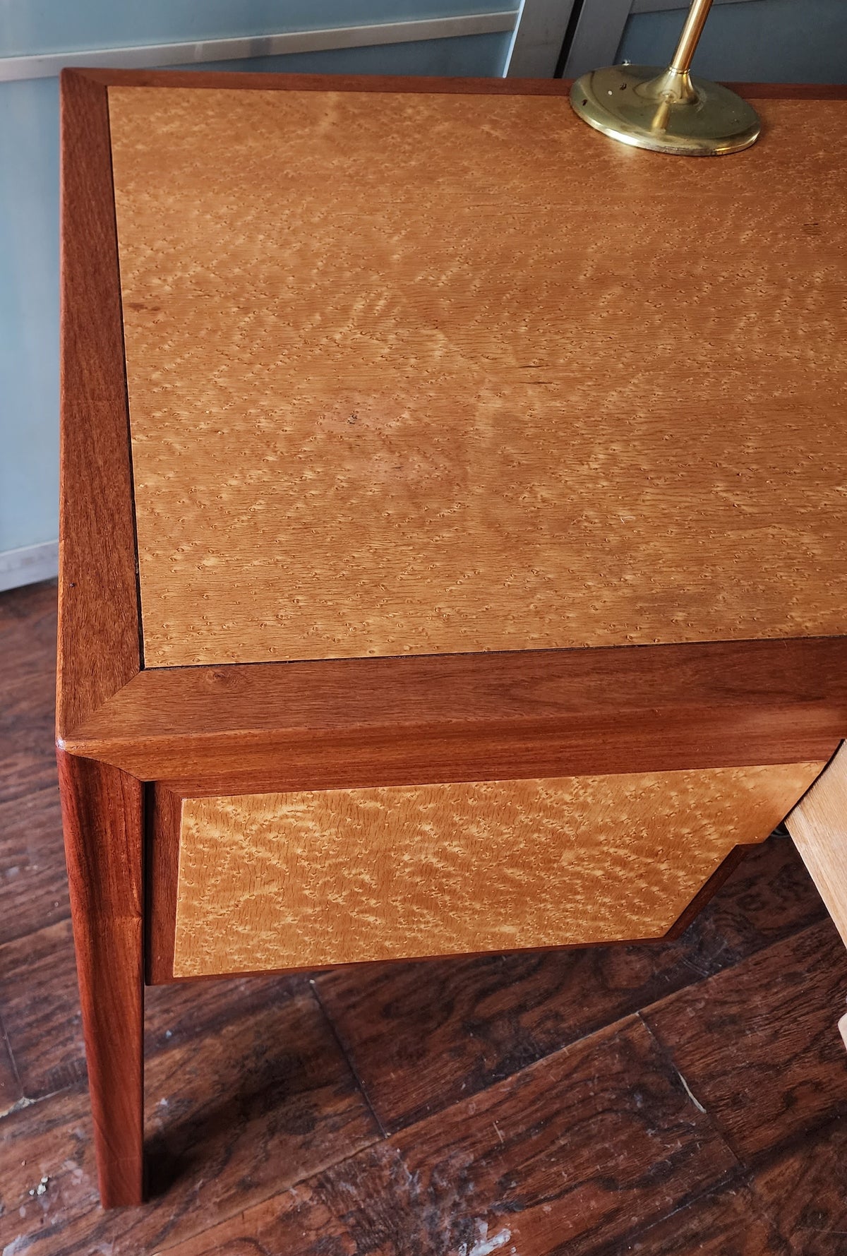 REFINISHED Mid Century Modern Burl & Teak Desk with Finished Back