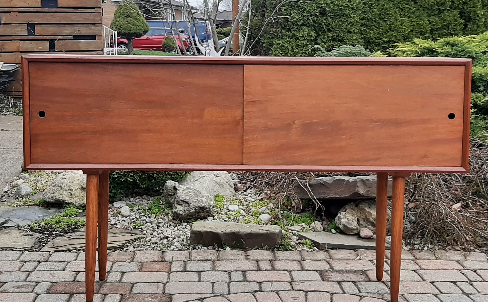 REFINISHED Danish MCM Teak Display 59" long-legged with reversible 2 color doors, PERFECT - Mid Century Modern Toronto