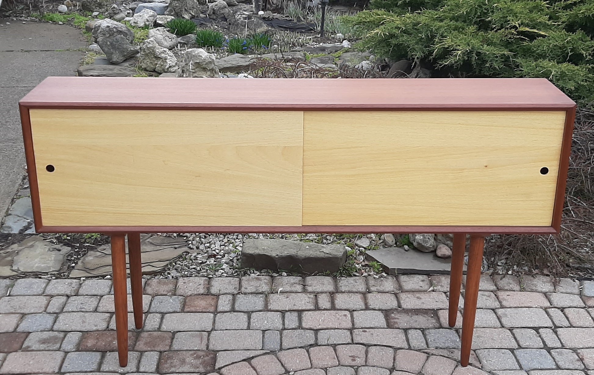 REFINISHED Danish MCM Teak Display 59" long-legged with reversible 2 color doors, PERFECT - Mid Century Modern Toronto