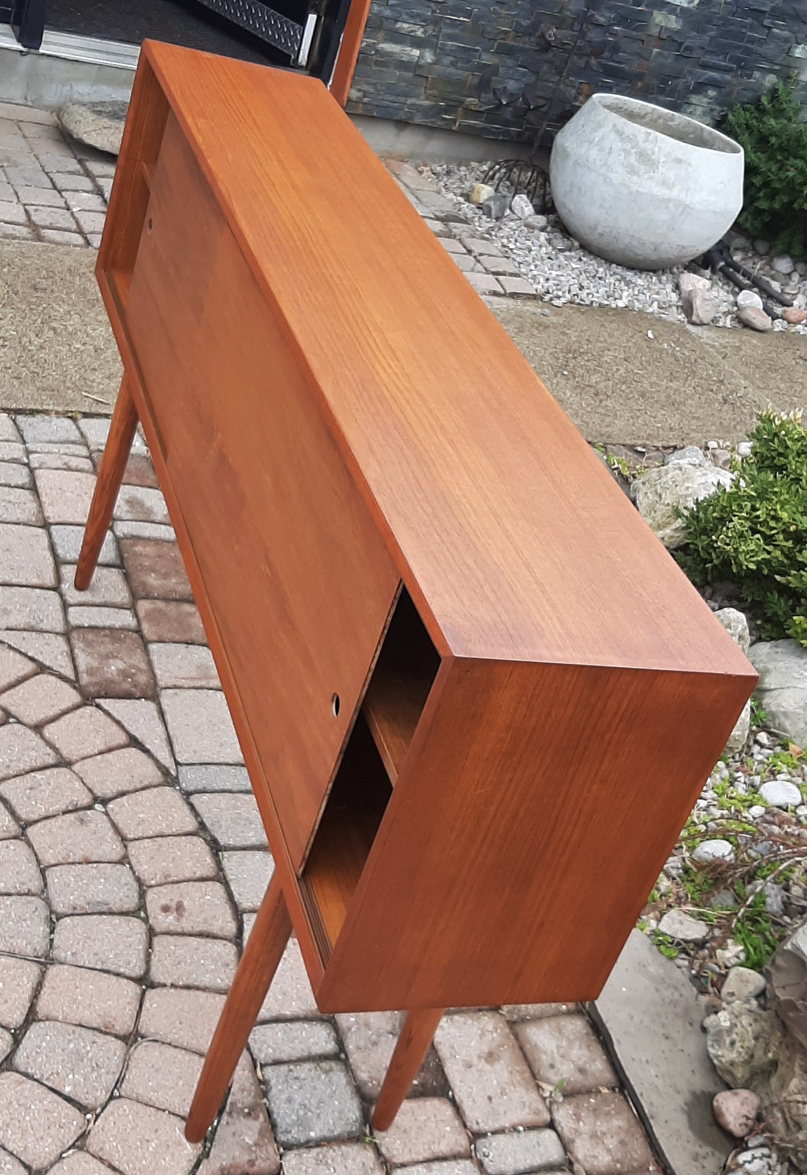 REFINISHED Danish MCM Teak Display 59" long-legged with reversible 2 color doors, PERFECT - Mid Century Modern Toronto