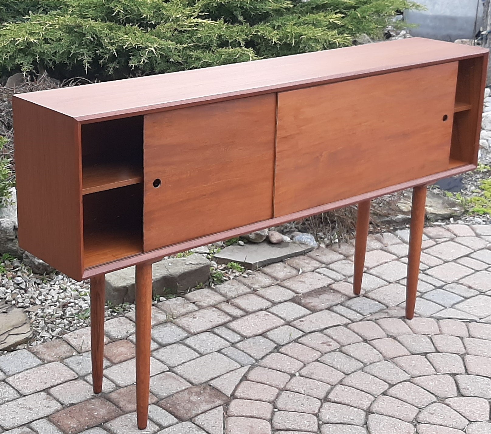 REFINISHED Danish MCM Teak Display 59" long-legged with reversible 2 color doors, PERFECT - Mid Century Modern Toronto