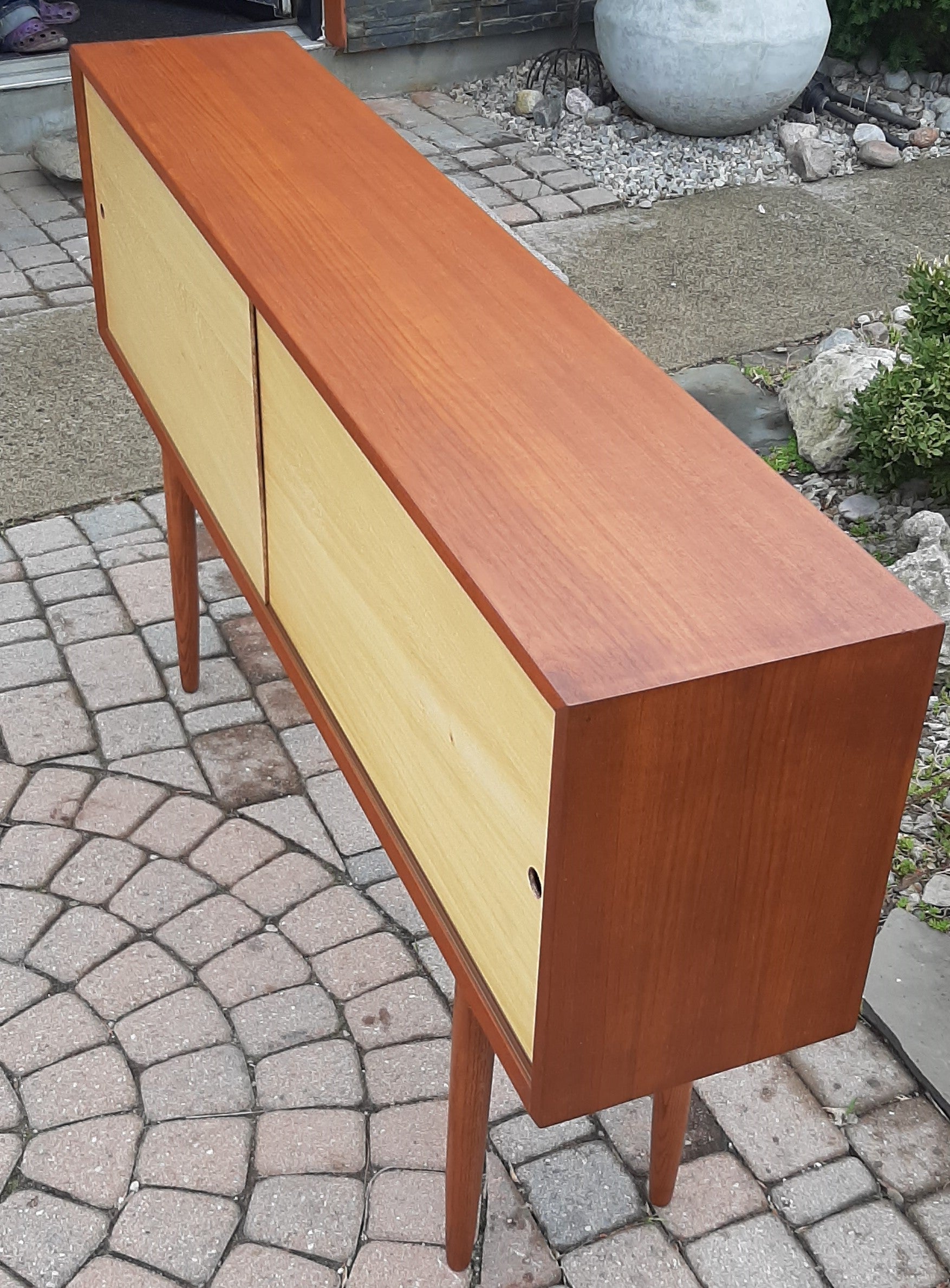 REFINISHED Danish MCM Teak Display 59" long-legged with reversible 2 color doors, PERFECT - Mid Century Modern Toronto