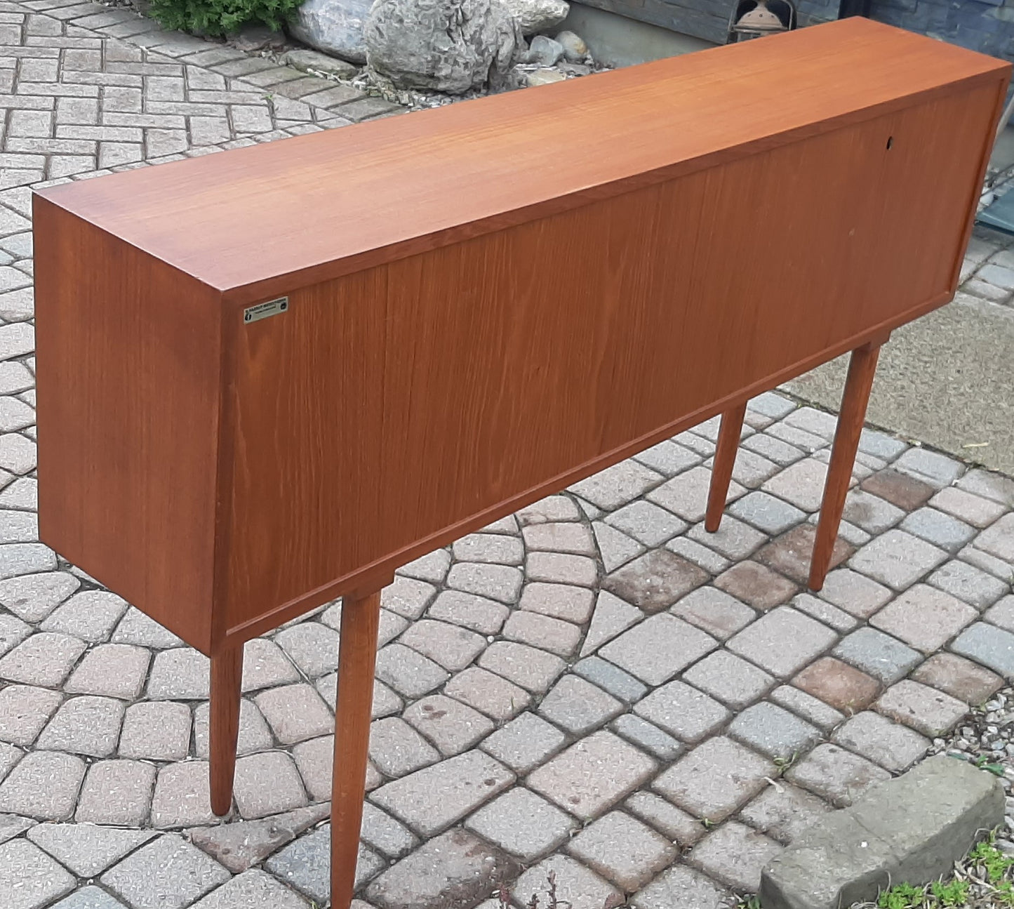 REFINISHED Danish MCM Teak Display 59" long-legged with reversible 2 color doors, PERFECT - Mid Century Modern Toronto