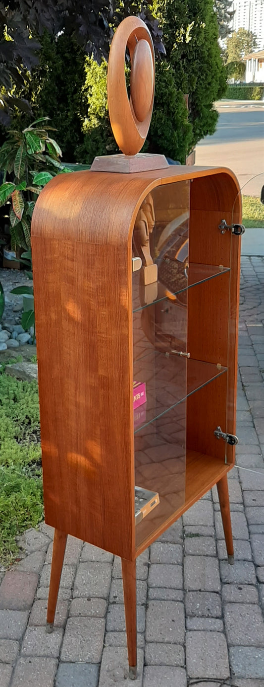 REFINISHED Danish MCM Arched Top Teak Display w Glass Doors & Lighting, 24" PERFECT