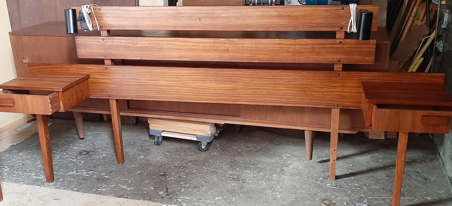 REFINISHED MCM Teak Headboard w floating nightstands Queen and Vanity or Desk, Perfect