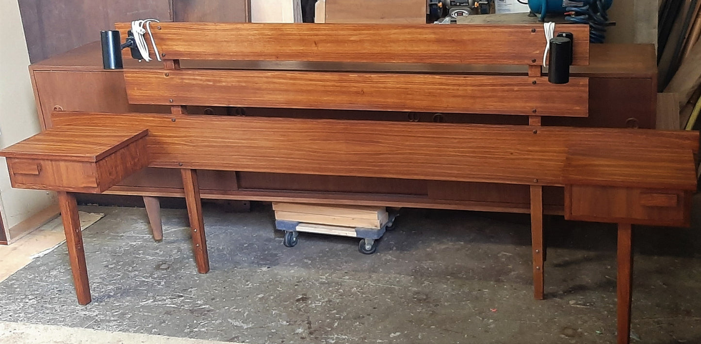 REFINISHED MCM Teak Headboard w floating nightstands Queen and Vanity or Desk, Perfect