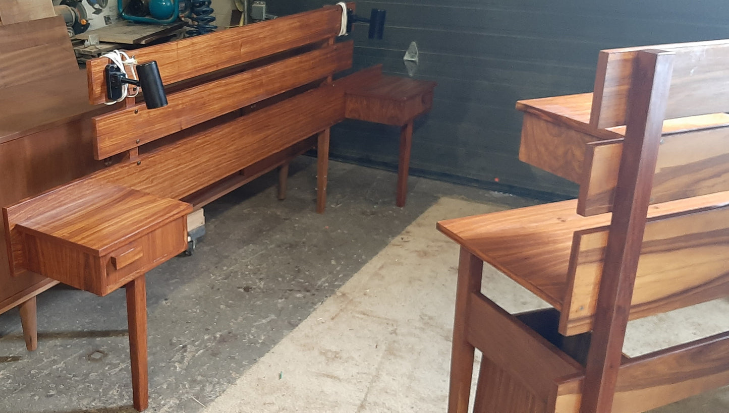 REFINISHED MCM Teak Headboard w floating nightstands Queen and Vanity or Desk, Perfect