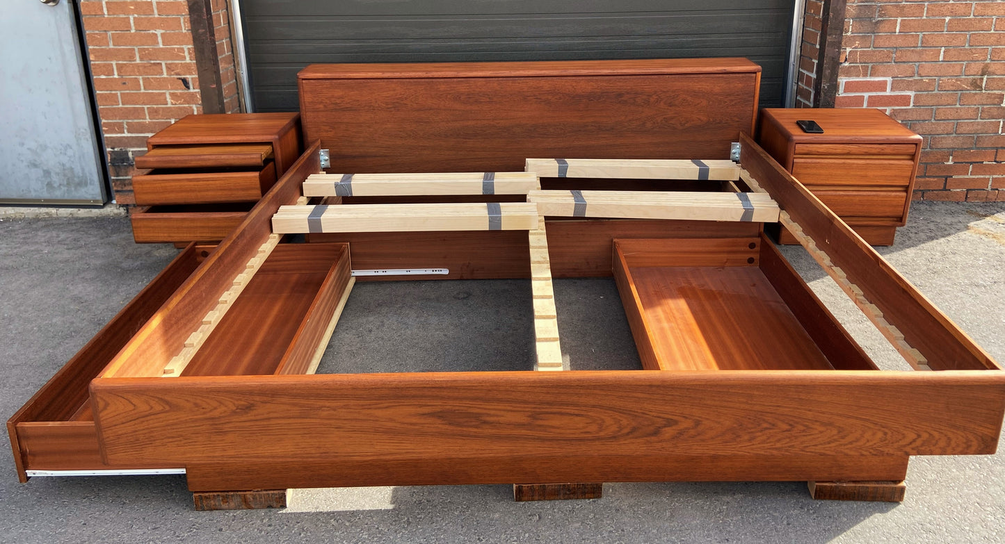 REFINISHED King MCM Teak Bed w Storage & 2 Night Stands, PERFECT, built for a few generations