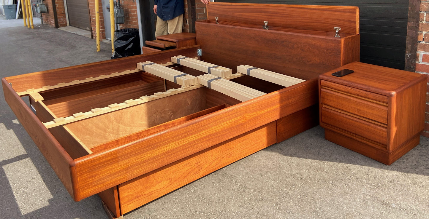 REFINISHED King MCM Teak Bed w Storage & 2 Night Stands, PERFECT, built for a few generations