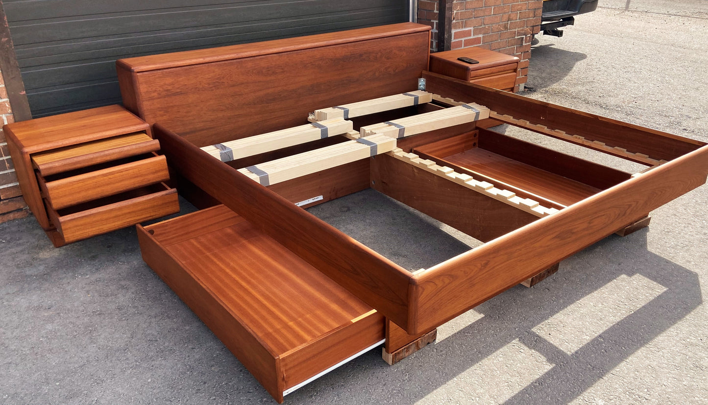 REFINISHED King MCM Teak Bed w Storage & 2 Night Stands, PERFECT, built for a few generations