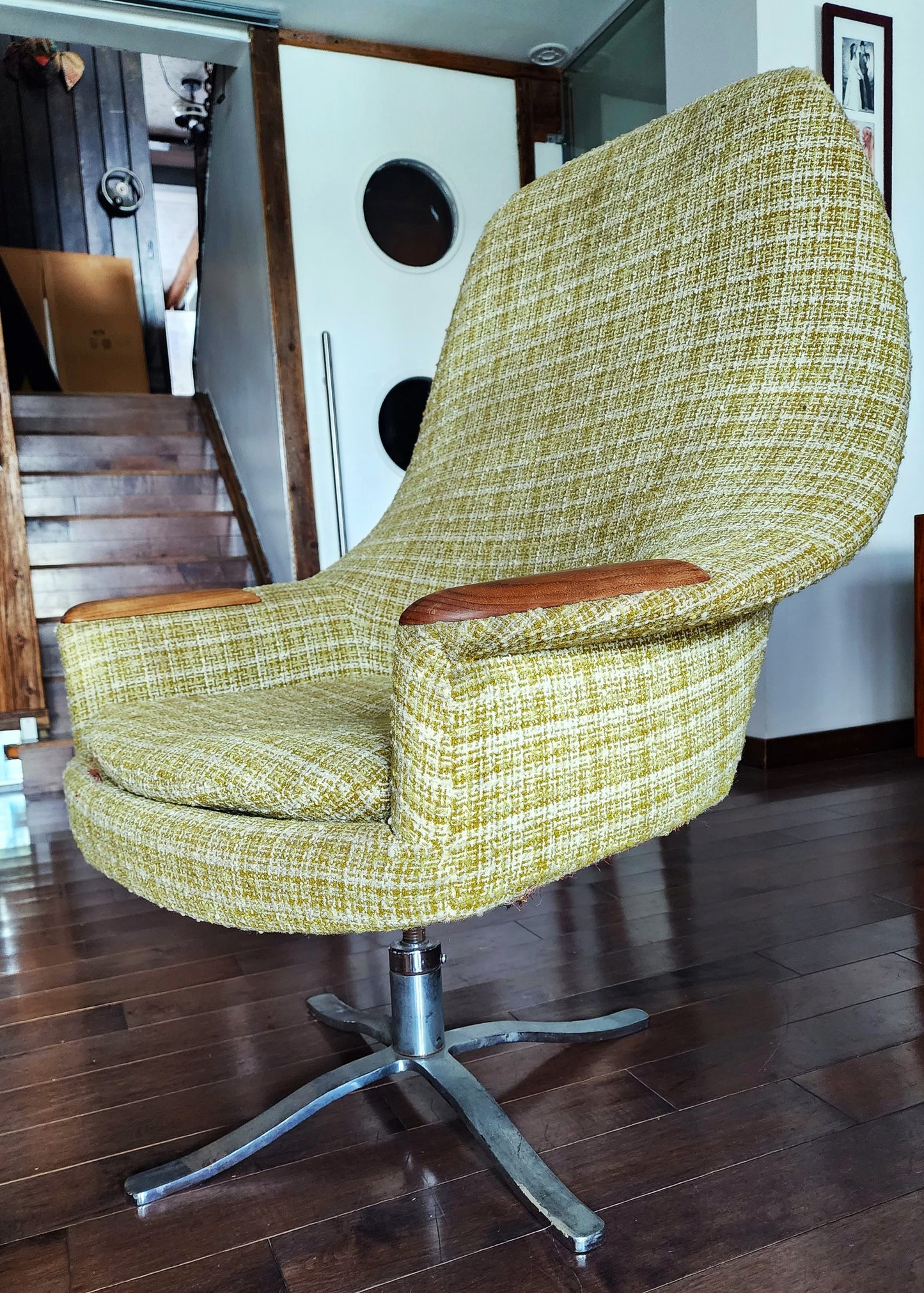 Mid Century Modern  Swivel Wingback Chair with Teak Paws Large will be REUPHOLSTERED