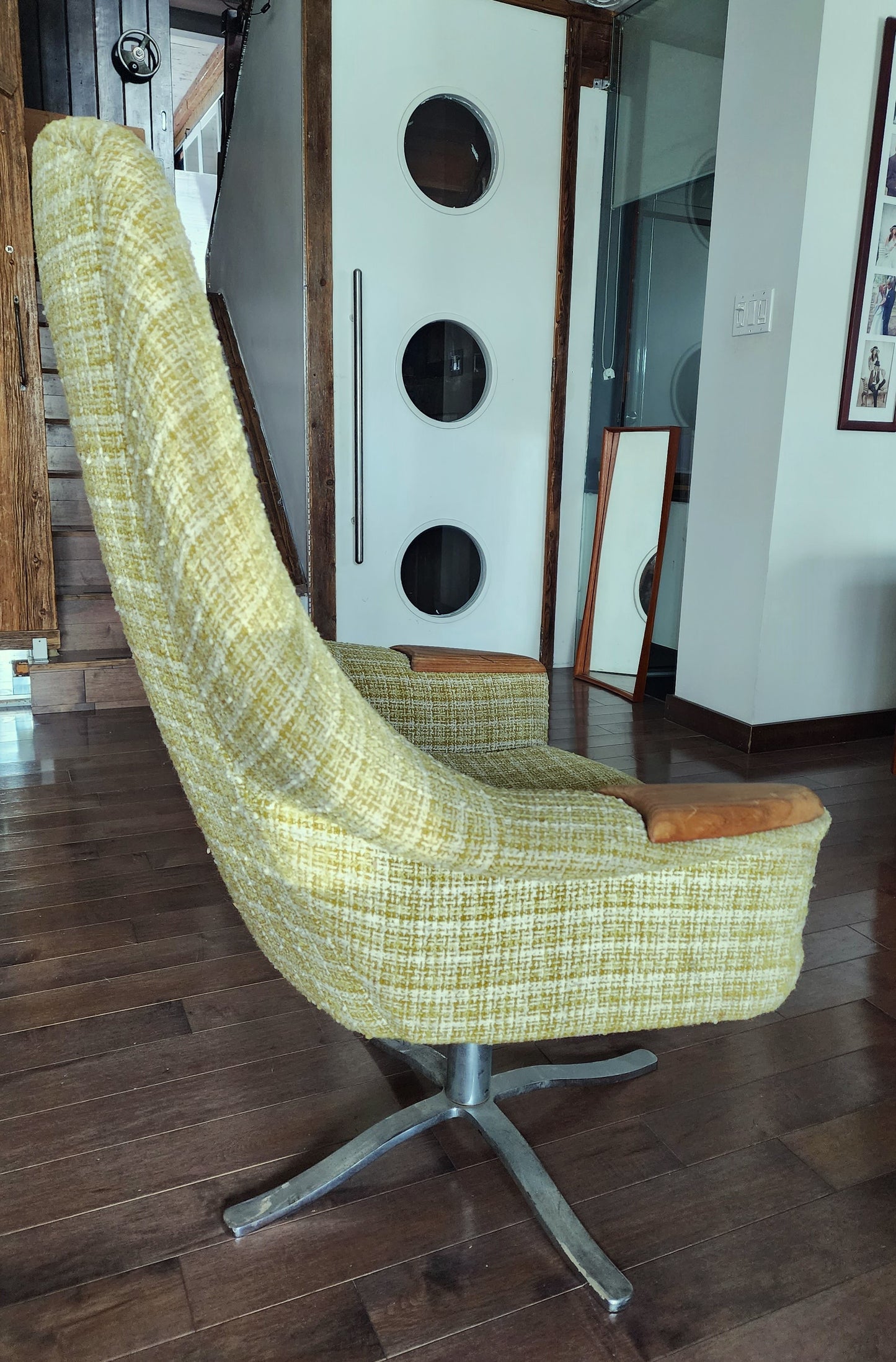 Mid Century Modern  Swivel Wingback Chair with Teak Paws Large will be REUPHOLSTERED