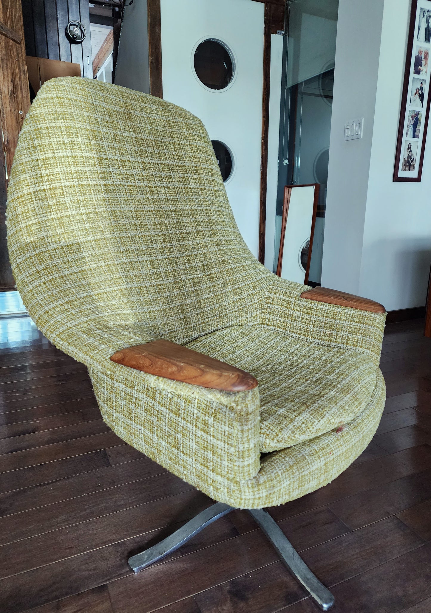 Mid Century Modern  Swivel Wingback Chair with Teak Paws Large will be REUPHOLSTERED