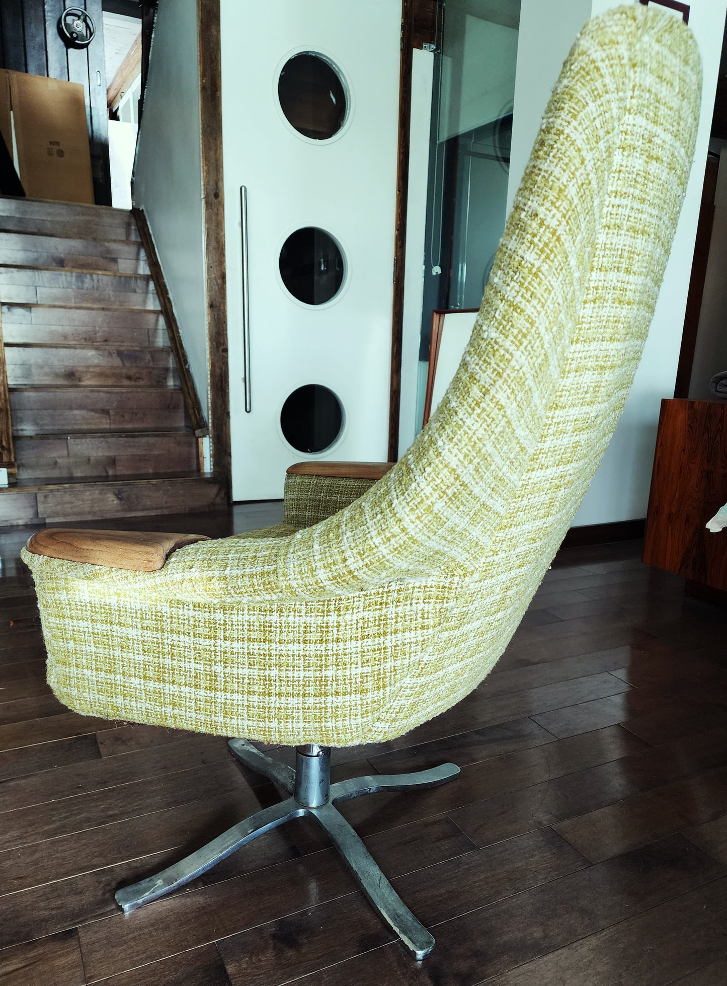 Mid Century Modern  Swivel Wingback Chair with Teak Paws Large will be REUPHOLSTERED