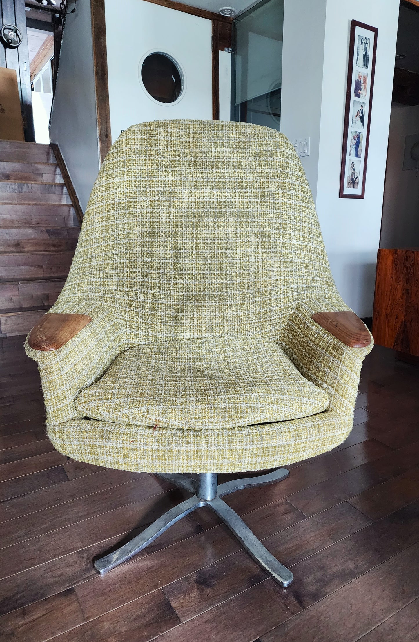 Mid Century Modern  Swivel Wingback Chair with Teak Paws Large will be REUPHOLSTERED