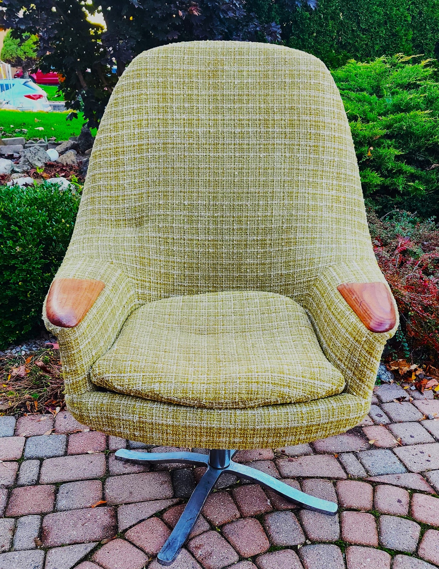 Mid Century Modern  Swivel Wingback Chair with Teak Paws Large will be REUPHOLSTERED
