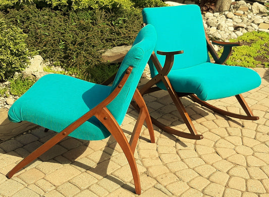 REFINISHED REUPHOLSTERED Set of MCM A- Frame Lounge Chair & Rocking Armchair, compact, PERFECT