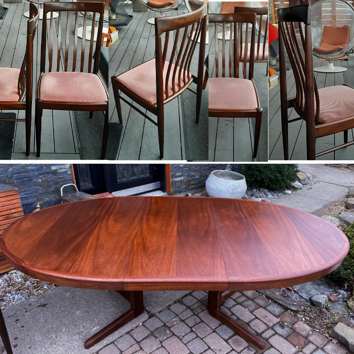 REFINISHED Danish MCM Mahogany Dining Table w 2 Leaves 65"-104" and 8 Chairs