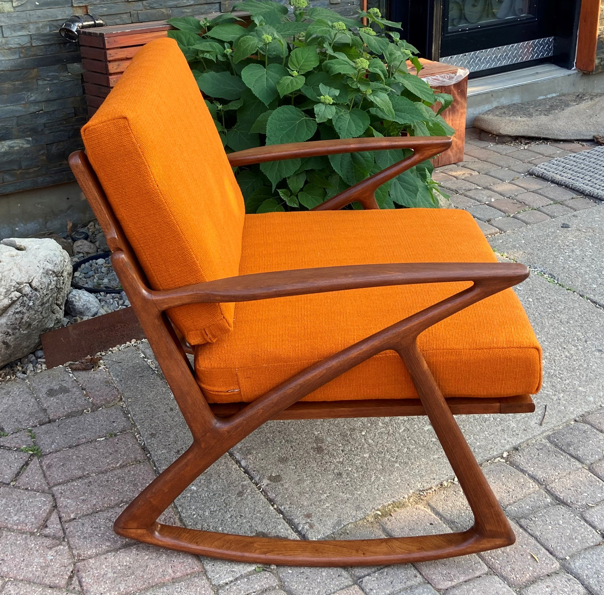 REFINISHED Italian Mid Century Modern Teak Rocking Chair w NEW CUSHIONS, Perfect