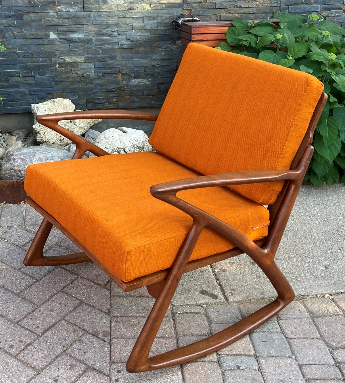 REFINISHED Italian Mid Century Modern Teak Rocking Chair w NEW CUSHIONS, Perfect