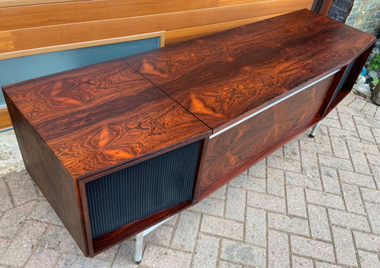 Coming***REFINISHED Mid Century Modern Rosewood & Chrome HIFI Stereo Console 72"
