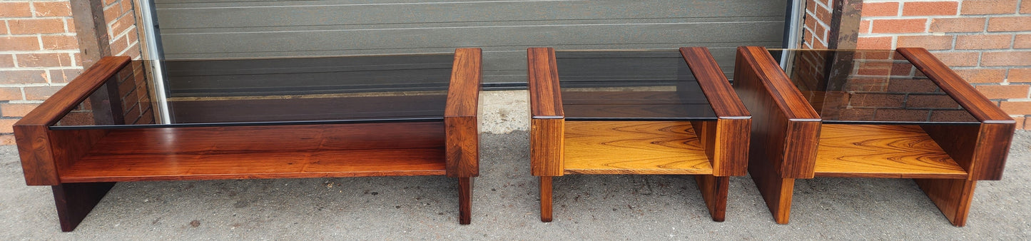 2 RESTORED Mid Century Modern Rosewood End Tables w Storage &  Glass Top