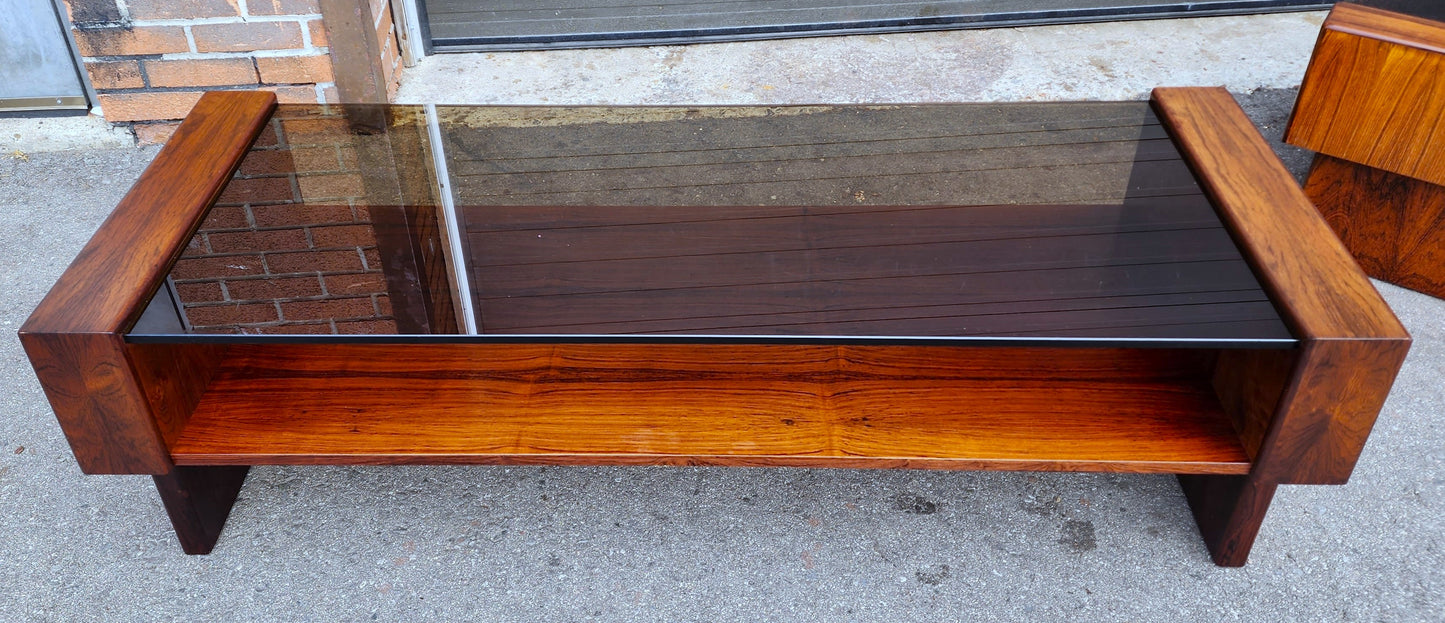 RESTORED Mid Century Modern Rosewood Coffee Table w Storage & Glass Top