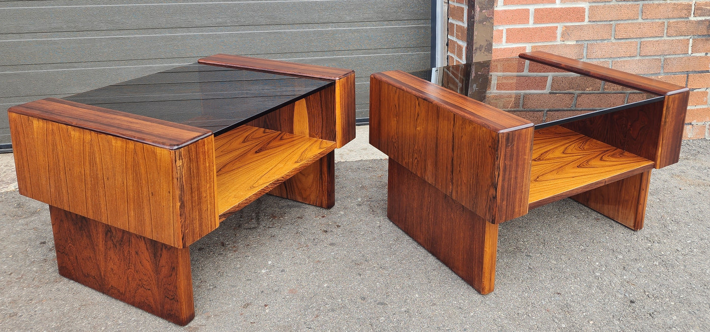 2 RESTORED Mid Century Modern Rosewood End Tables w Storage &  Glass Top