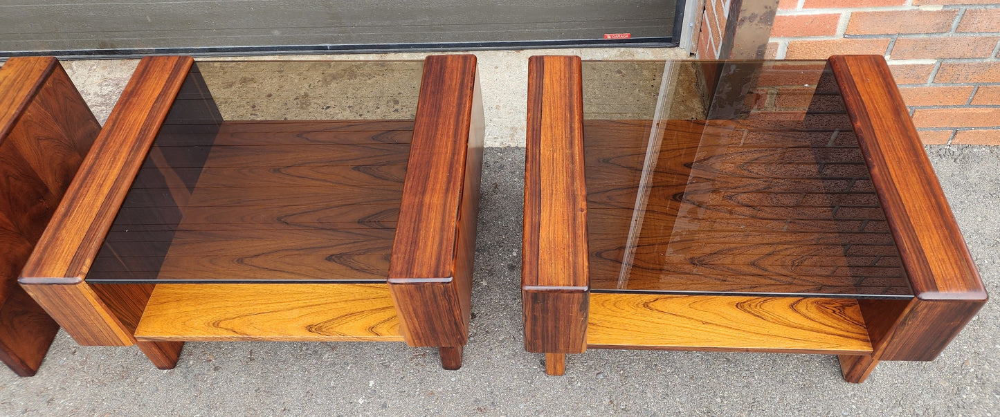 2 RESTORED Mid Century Modern Rosewood End Tables w Storage &  Glass Top