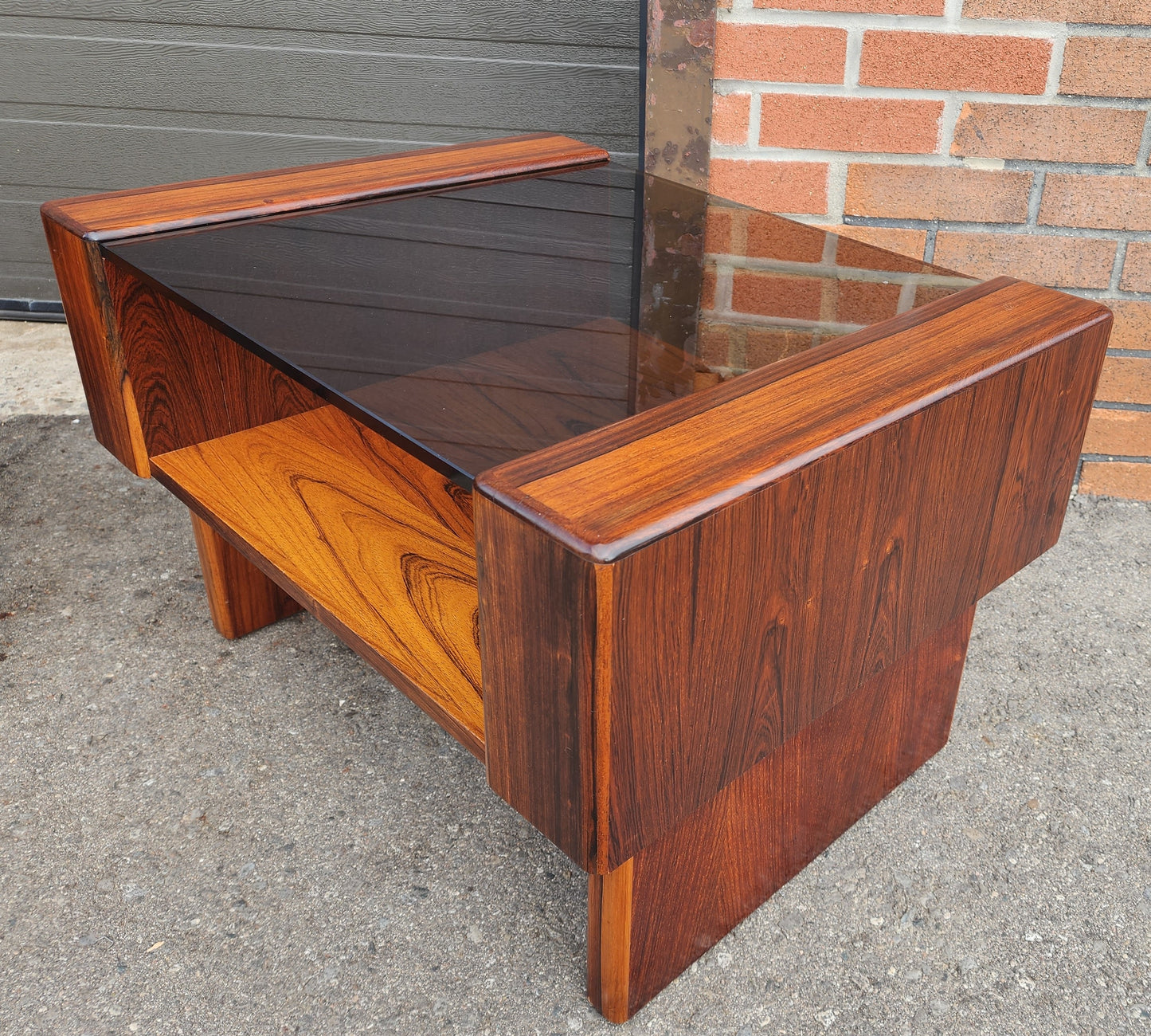 2 RESTORED Mid Century Modern Rosewood End Tables w Storage &  Glass Top