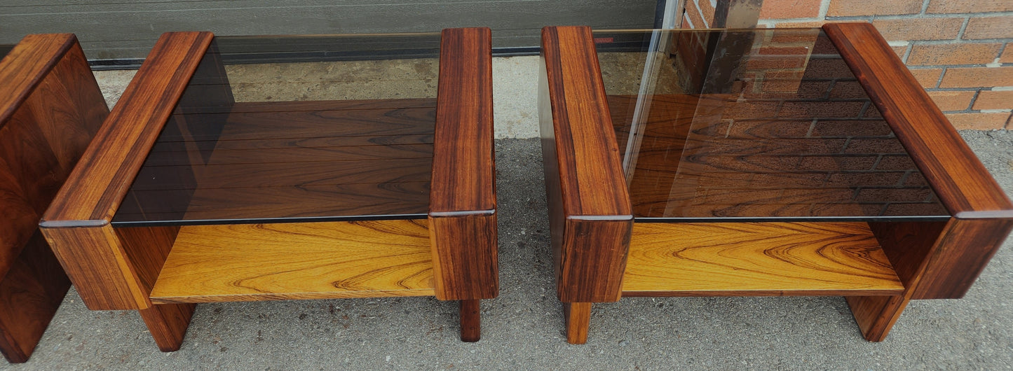 2 RESTORED Mid Century Modern Rosewood End Tables w Storage &  Glass Top