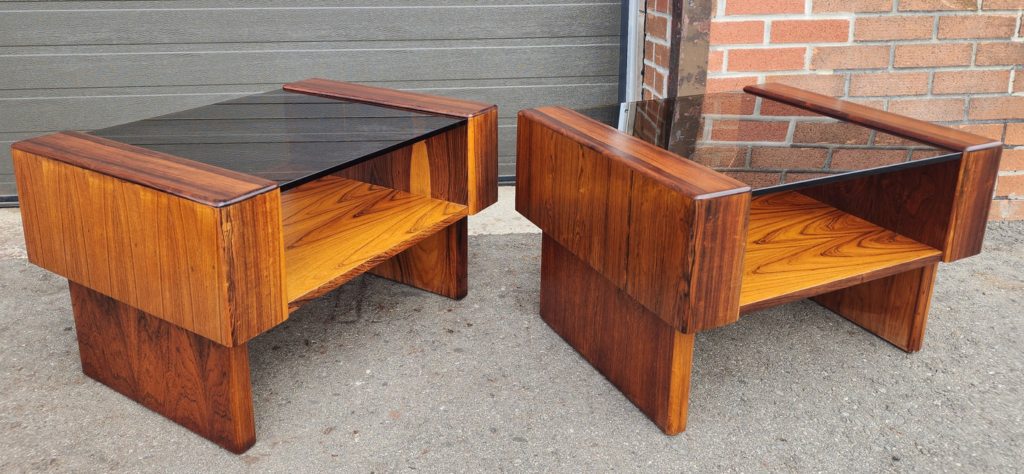 2 RESTORED Mid Century Modern Rosewood End Tables w Storage &  Glass Top