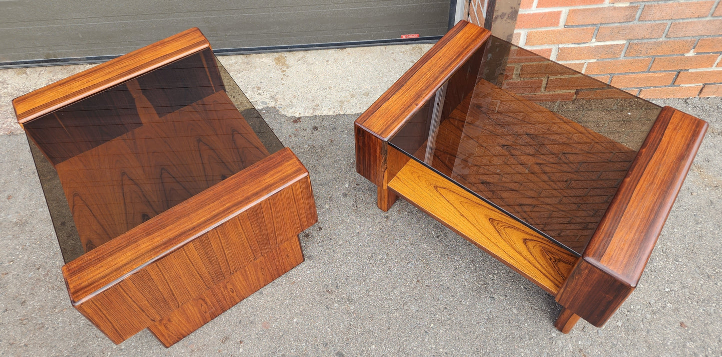 2 RESTORED Mid Century Modern Rosewood End Tables w Storage &  Glass Top