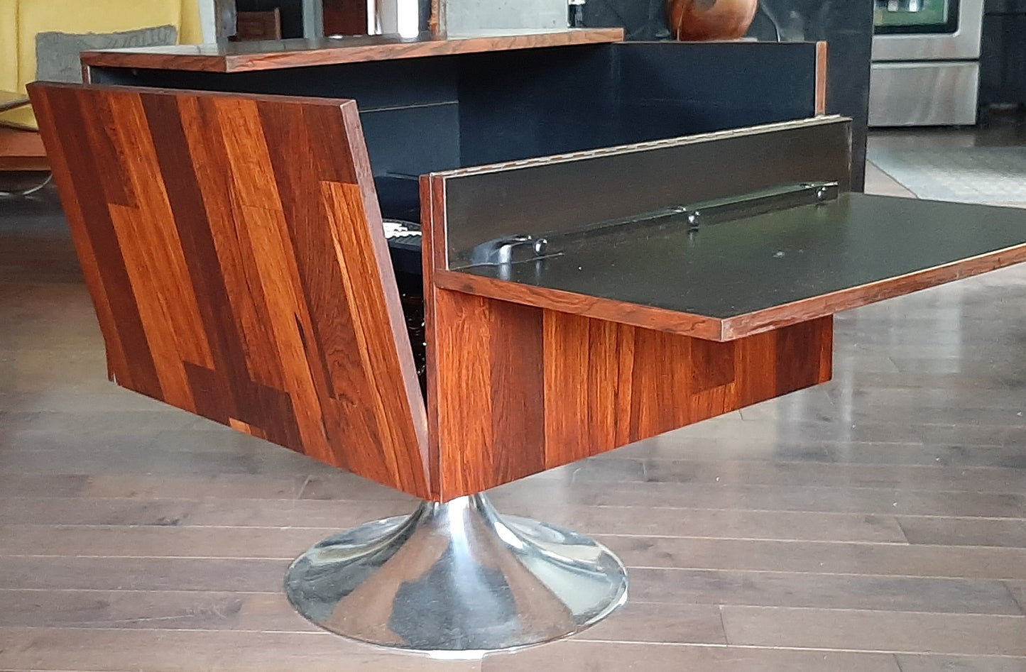 REFINISHED Mid Century Modern Rosewood Bar Cabinet on Tulip Base, Perfect